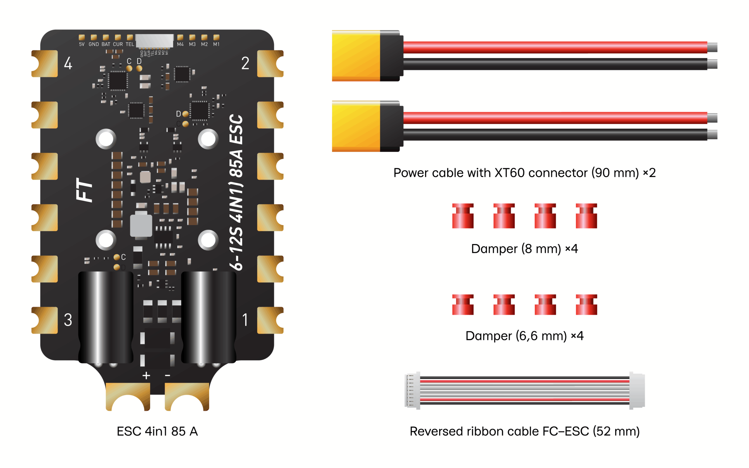 FT ESC 85A 4-in-1 6-12S (32-bit) Speed Controller - operation scheme, parameters and test results - #2 FT ESC 85A 4-in-1 6-12S (32-bit) Speed Controller - connection diagram and technical specifications - #2