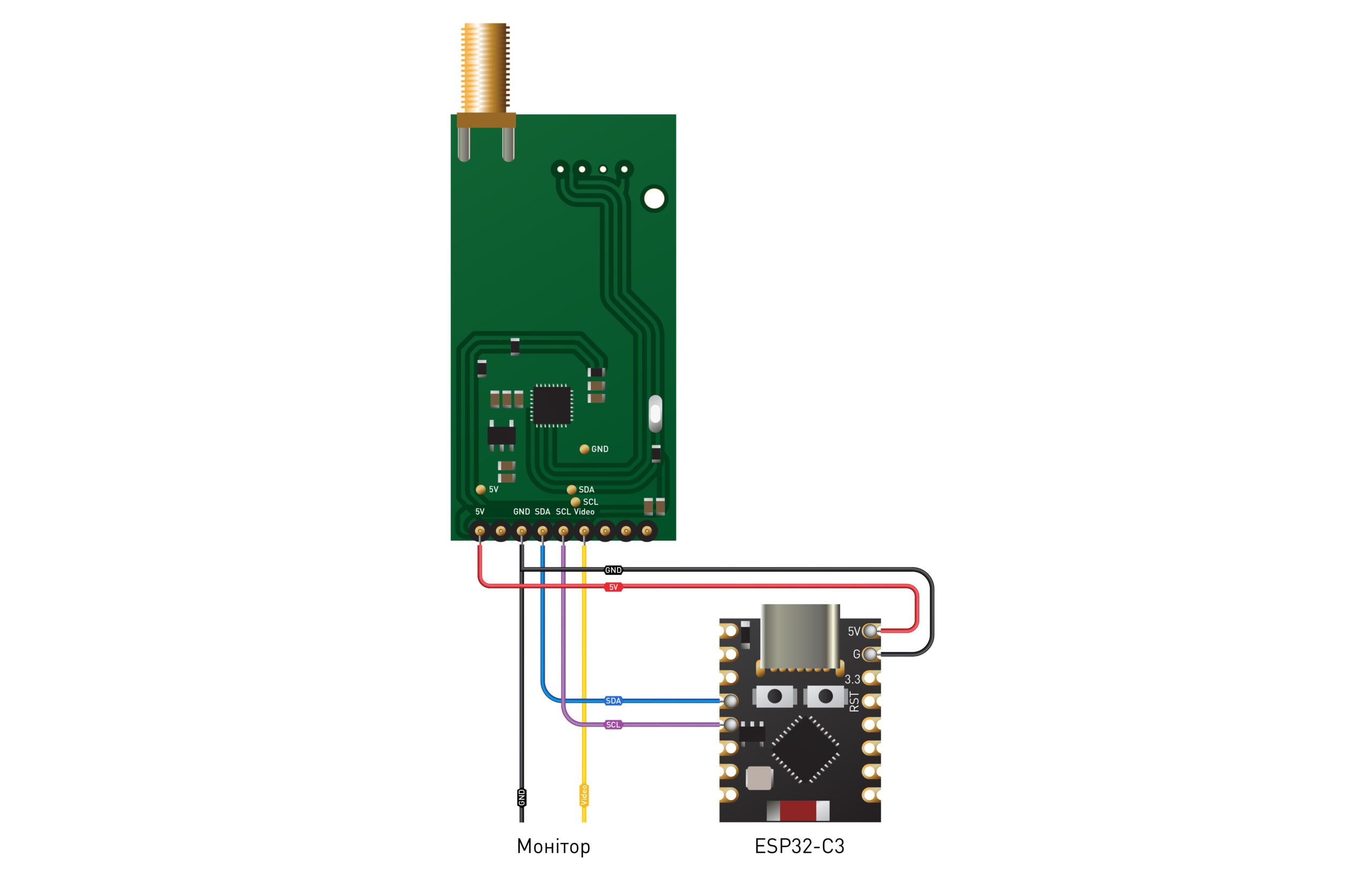 Приклад схеми комутації з ESP32_C3 та відеоприймача FT VRX 7.2GHz 64CH