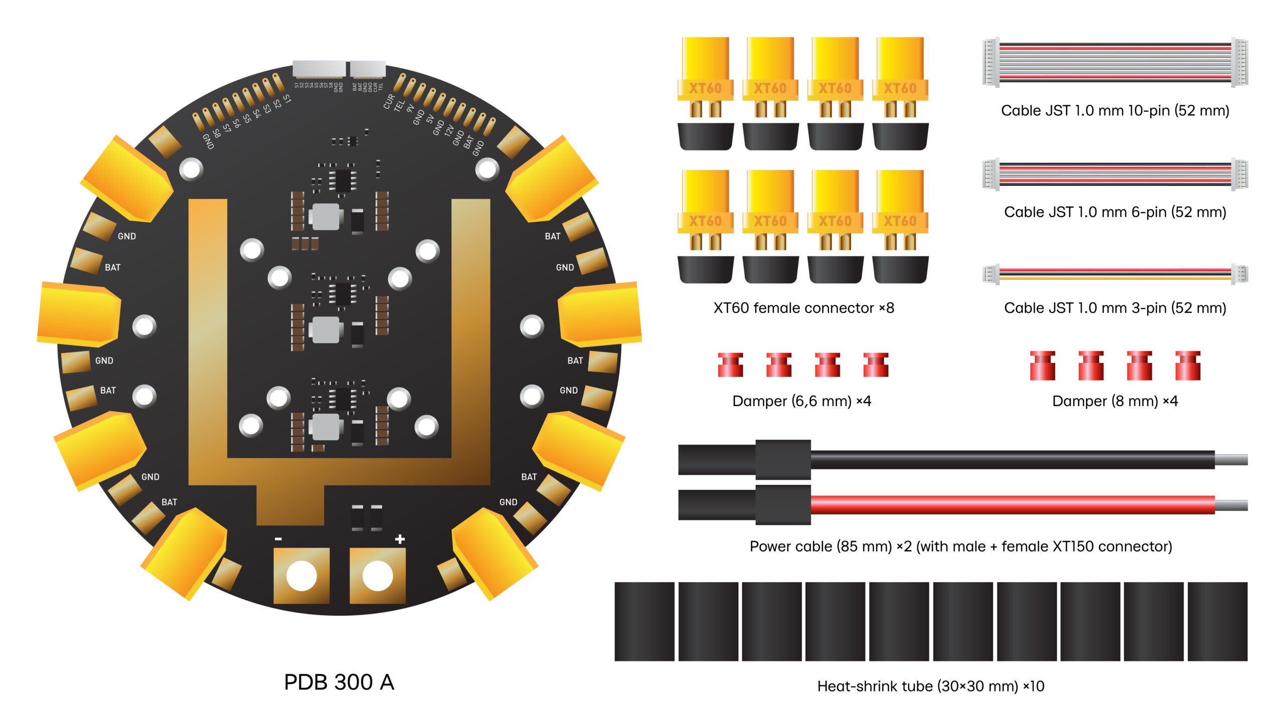 Package contents of the FT PDB X8 300A 4-12S power distribution board